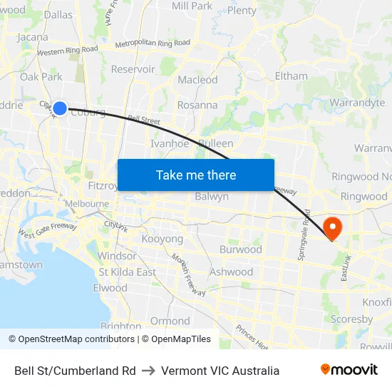 Bell St/Cumberland Rd to Vermont VIC Australia map