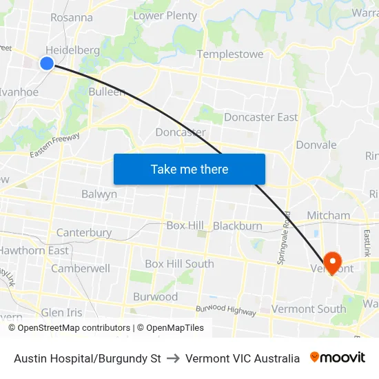 Austin Hospital/Burgundy St to Vermont VIC Australia map
