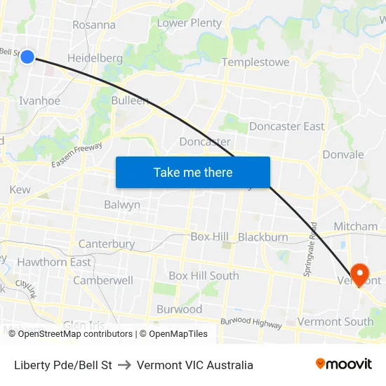 Liberty Pde/Bell St to Vermont VIC Australia map