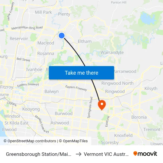 Greensborough Station/Main St to Vermont VIC Australia map
