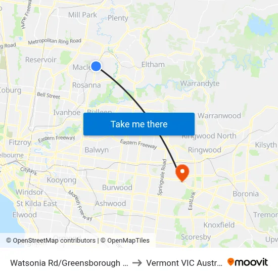 Watsonia Rd/Greensborough Hwy to Vermont VIC Australia map