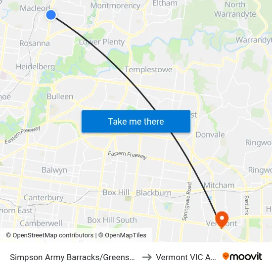 Simpson Army Barracks/Greensborough Hwy to Vermont VIC Australia map