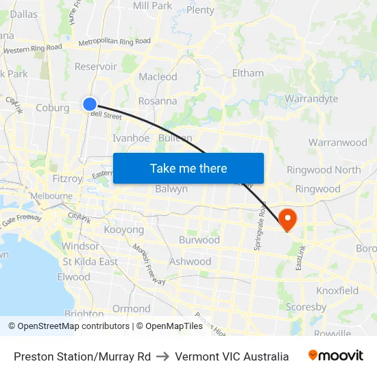 Preston Station/Murray Rd to Vermont VIC Australia map