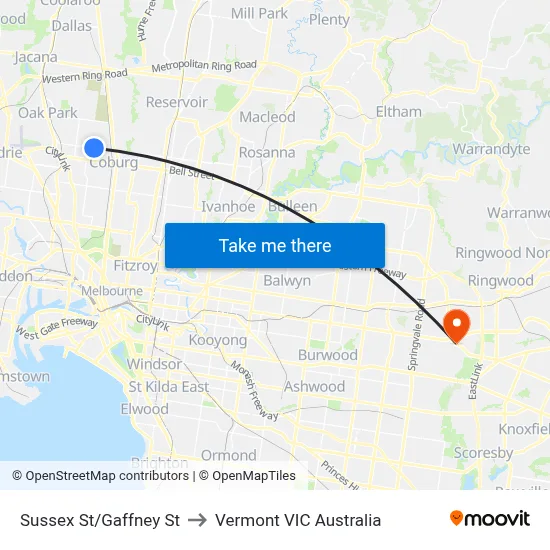 Sussex St/Gaffney St to Vermont VIC Australia map