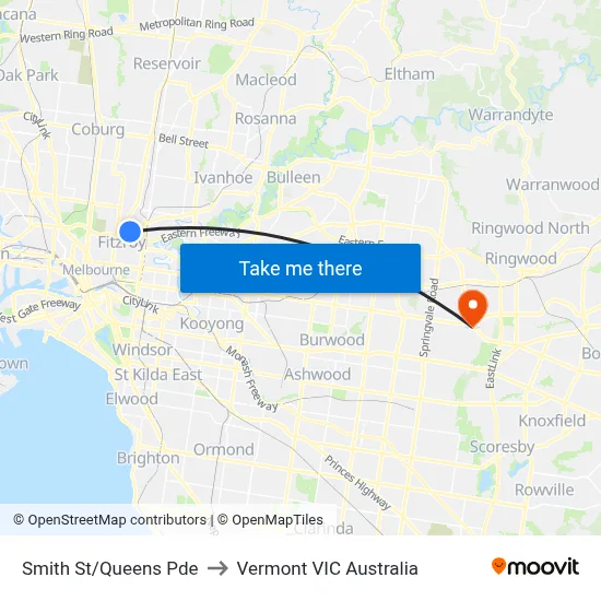 Smith St/Queens Pde to Vermont VIC Australia map