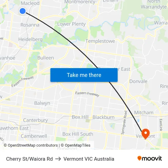 Cherry St/Waiora Rd to Vermont VIC Australia map