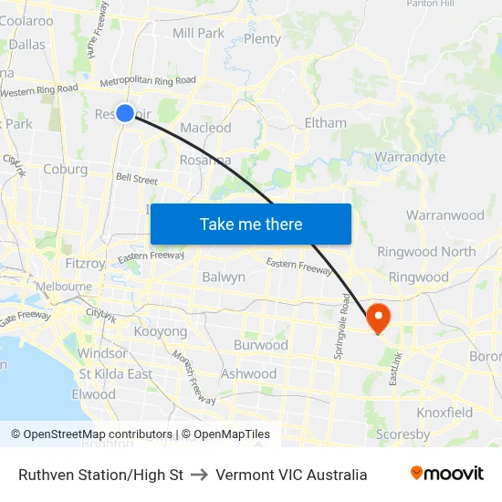 Ruthven Station/High St to Vermont VIC Australia map