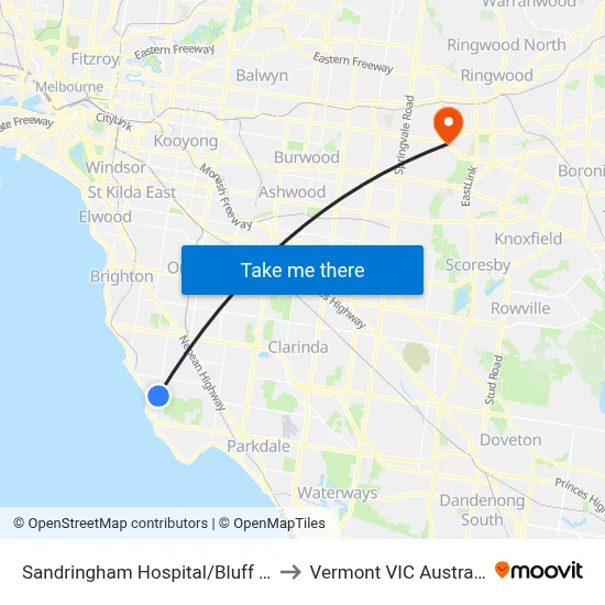 Sandringham Hospital/Bluff Rd to Vermont VIC Australia map