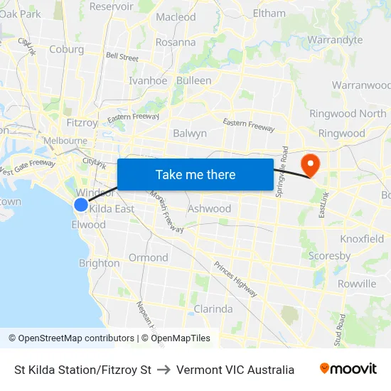 St Kilda Station/Fitzroy St to Vermont VIC Australia map