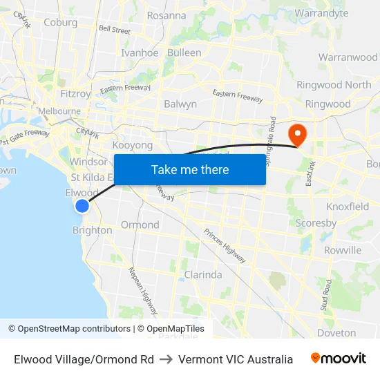 Elwood Village/Ormond Rd to Vermont VIC Australia map