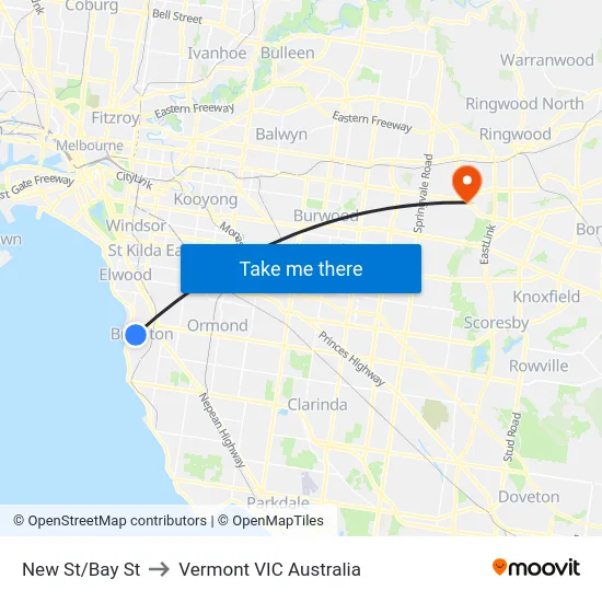 New St/Bay St to Vermont VIC Australia map