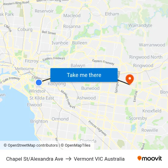 Chapel St/Alexandra Ave to Vermont VIC Australia map
