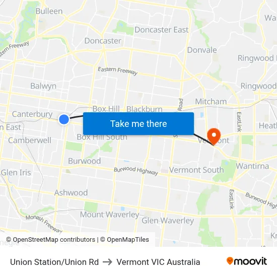 Union Station/Union Rd to Vermont VIC Australia map