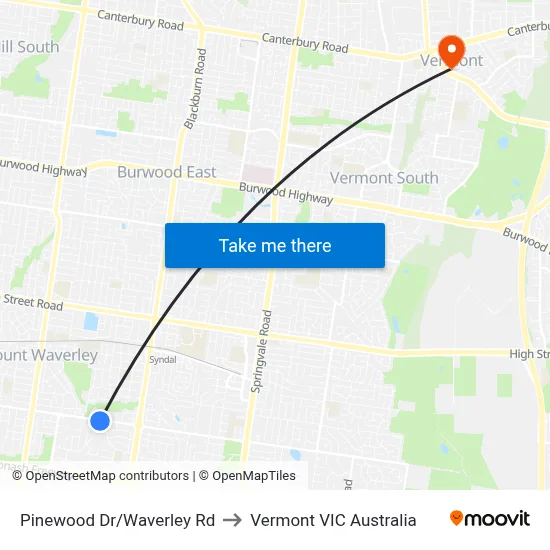 Pinewood Dr/Waverley Rd to Vermont VIC Australia map