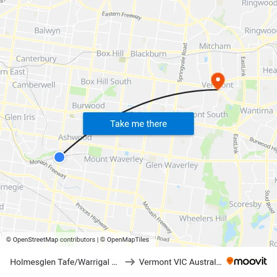 Holmesglen Tafe/Warrigal Rd to Vermont VIC Australia map