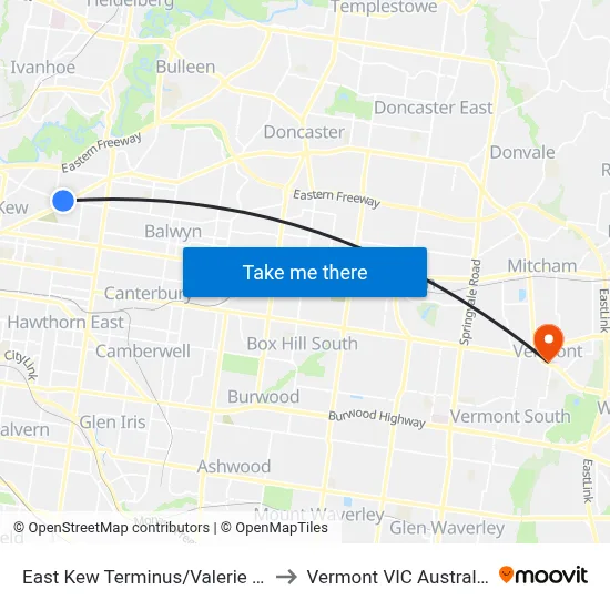 East Kew Terminus/Valerie St to Vermont VIC Australia map