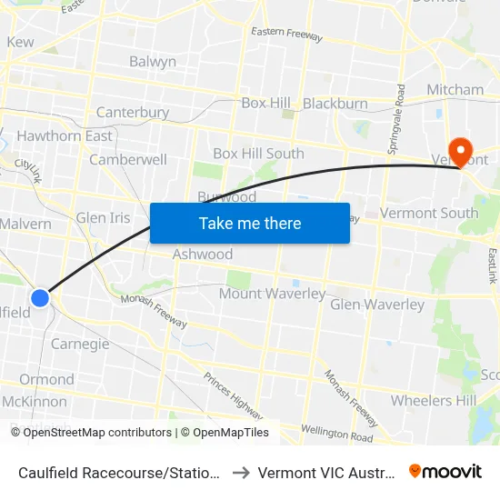 Caulfield Racecourse/Station St to Vermont VIC Australia map