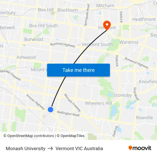 Monash University to Vermont VIC Australia map