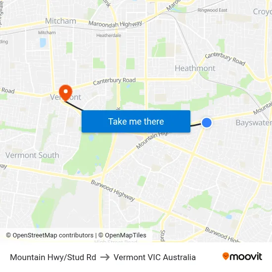 Mountain Hwy/Stud Rd to Vermont VIC Australia map