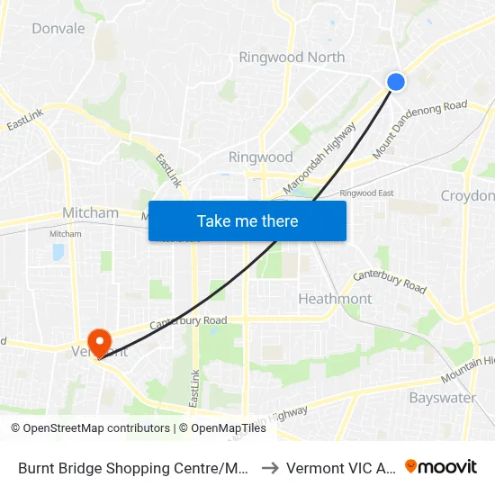 Burnt Bridge Shopping Centre/Maroondah Hwy to Vermont VIC Australia map