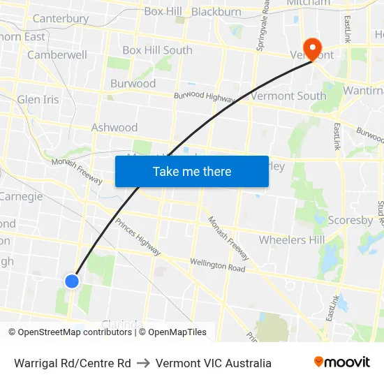 Warrigal Rd/Centre Rd to Vermont VIC Australia map