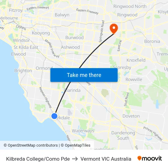 Kilbreda College/Como Pde to Vermont VIC Australia map