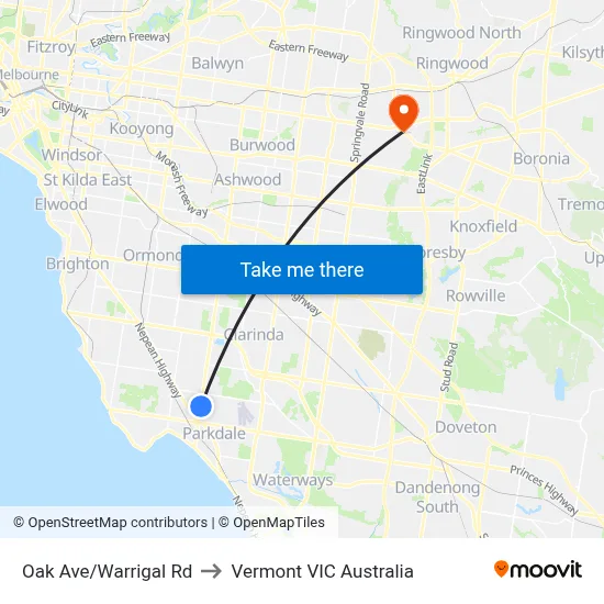 Oak Ave/Warrigal Rd to Vermont VIC Australia map