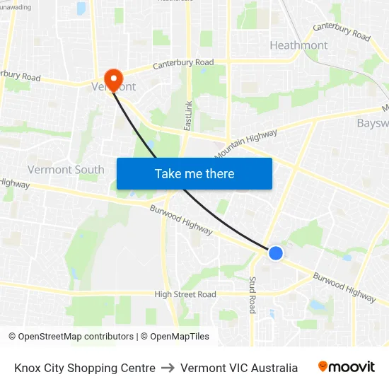 Knox City Shopping Centre to Vermont VIC Australia map