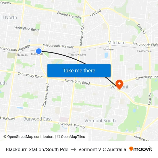 Blackburn Station/South Pde to Vermont VIC Australia map