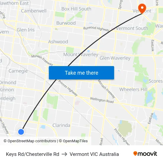 Keys Rd/Chesterville Rd to Vermont VIC Australia map
