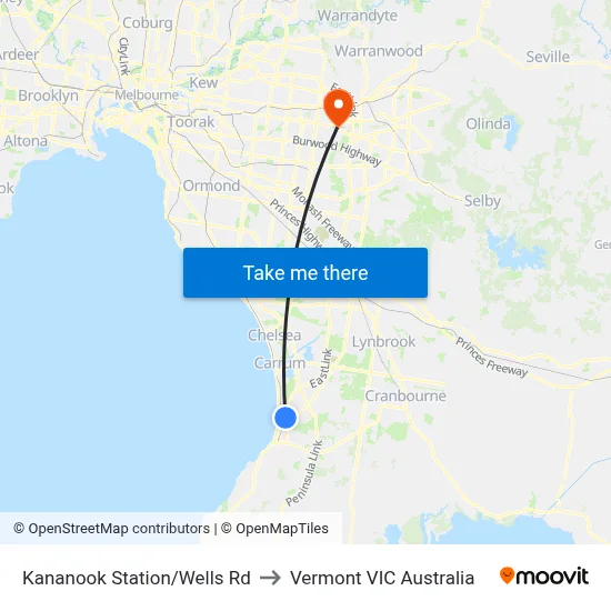 Kananook Station/Wells Rd to Vermont VIC Australia map