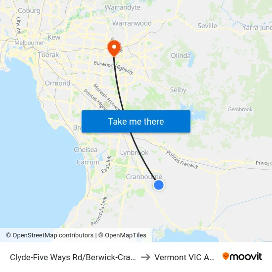 Clyde-Five Ways Rd/Berwick-Cranbourne Rd to Vermont VIC Australia map