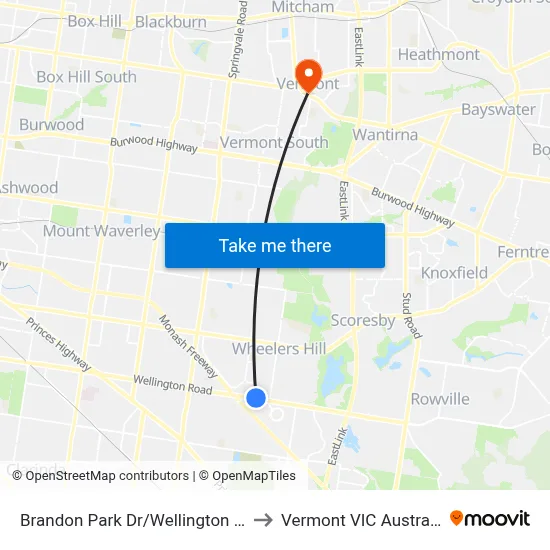 Brandon Park Dr/Wellington Rd to Vermont VIC Australia map