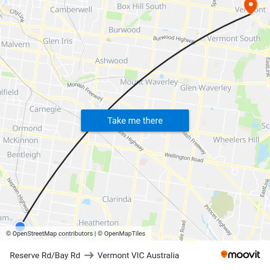 Reserve Rd/Bay Rd to Vermont VIC Australia map