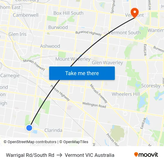Warrigal Rd/South Rd to Vermont VIC Australia map