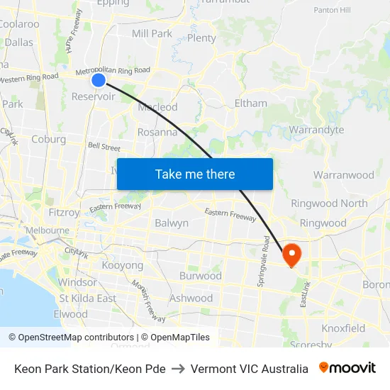 Keon Park Station/Keon Pde to Vermont VIC Australia map
