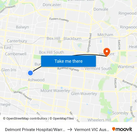 Delmont Private Hospital/Warrigal Rd to Vermont VIC Australia map