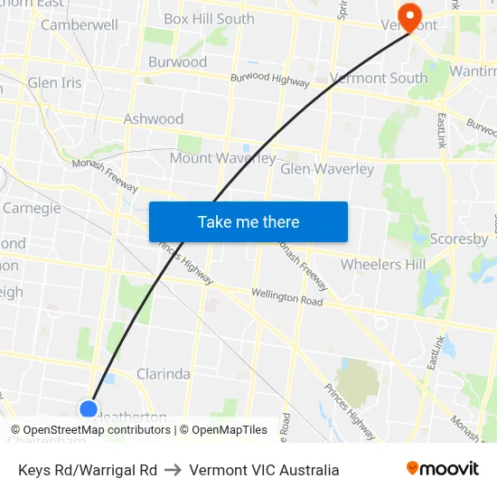 Keys Rd/Warrigal Rd to Vermont VIC Australia map