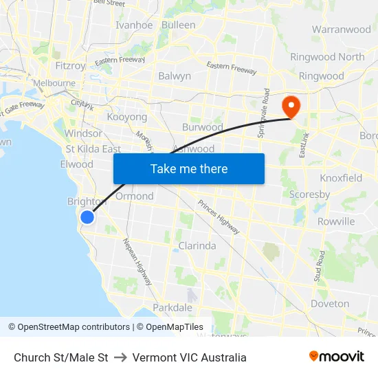 Church St/Male St to Vermont VIC Australia map