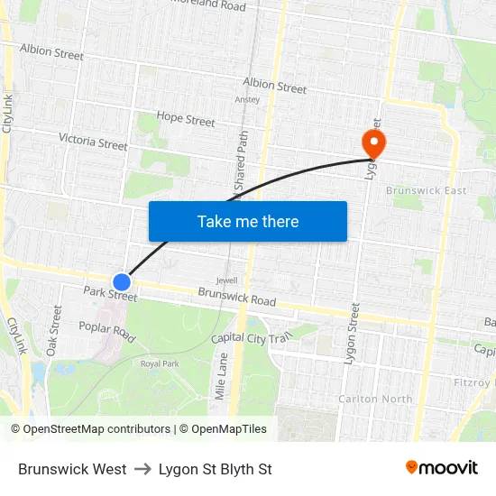 Brunswick West to Lygon St Blyth St map