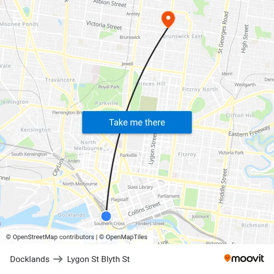 Docklands to Lygon St Blyth St map