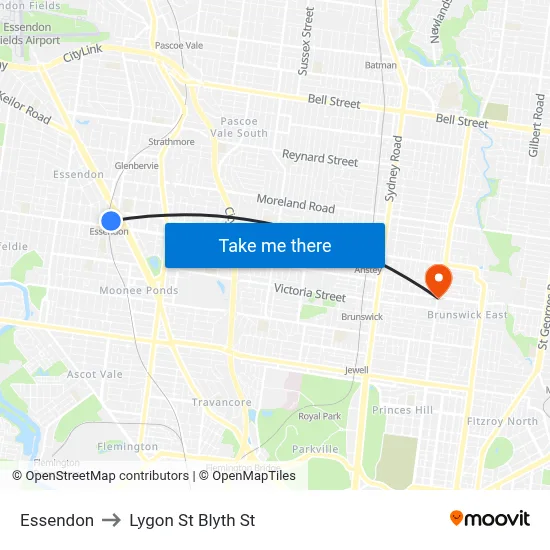 Essendon to Lygon St Blyth St map