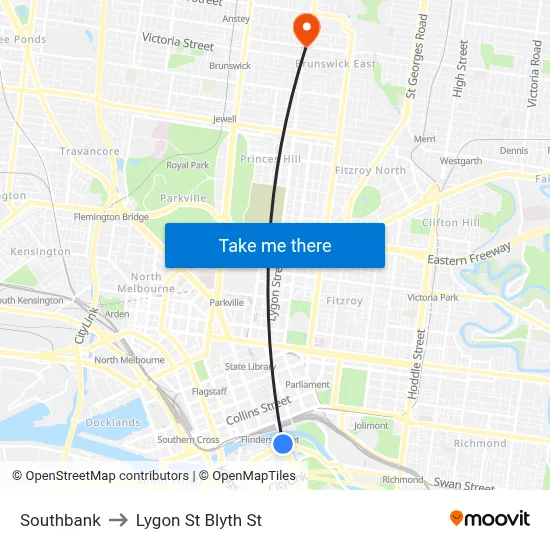 Southbank to Lygon St Blyth St map