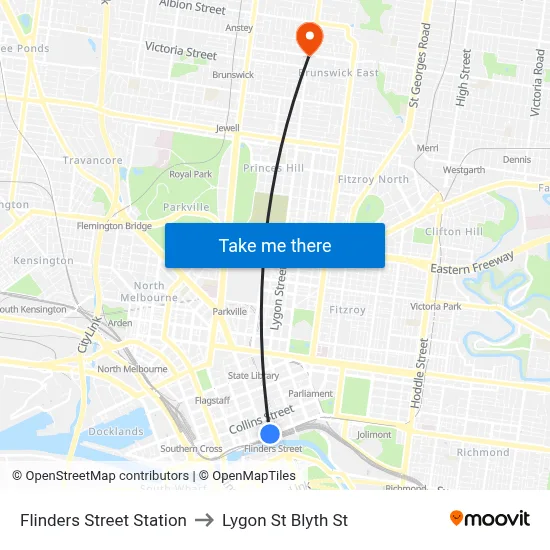 Flinders Street Station to Lygon St Blyth St map