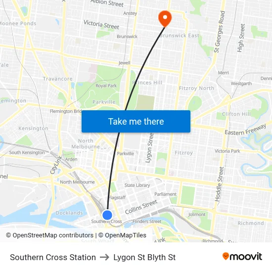 Southern Cross Station to Lygon St Blyth St map