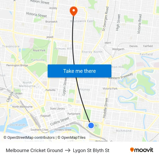 Melbourne Cricket Ground to Lygon St Blyth St map