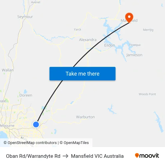 Oban Rd/Warrandyte Rd to Mansfield VIC Australia map