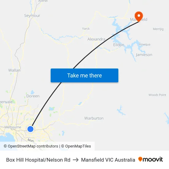 Box Hill Hospital/Nelson Rd to Mansfield VIC Australia map