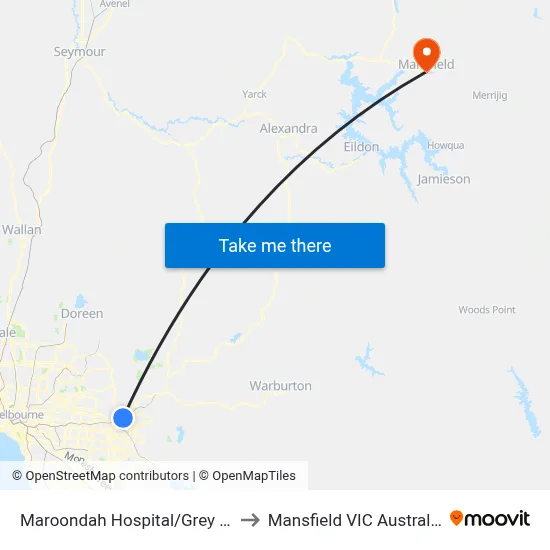 Maroondah Hospital/Grey St to Mansfield VIC Australia map