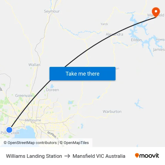 Williams Landing Station to Mansfield VIC Australia map